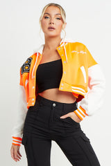 Orange Hooded Contrast Sleeve Letter A Varsity Jacket
