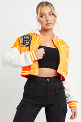 Orange Hooded Contrast Sleeve Letter A Varsity Jacket