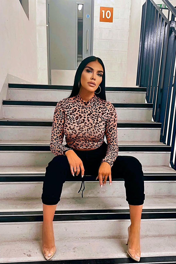 Orange Long Sleeve Leopard Print Crop Crop Top