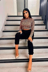 Orange Long Sleeve Leopard Print Crop Crop Top