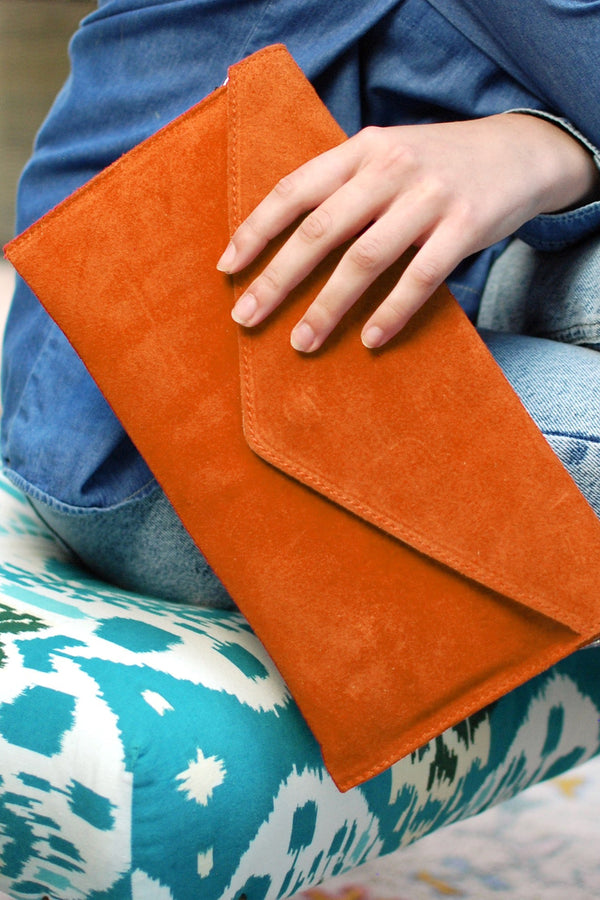 Orange Suede Envelope Clutch Bag