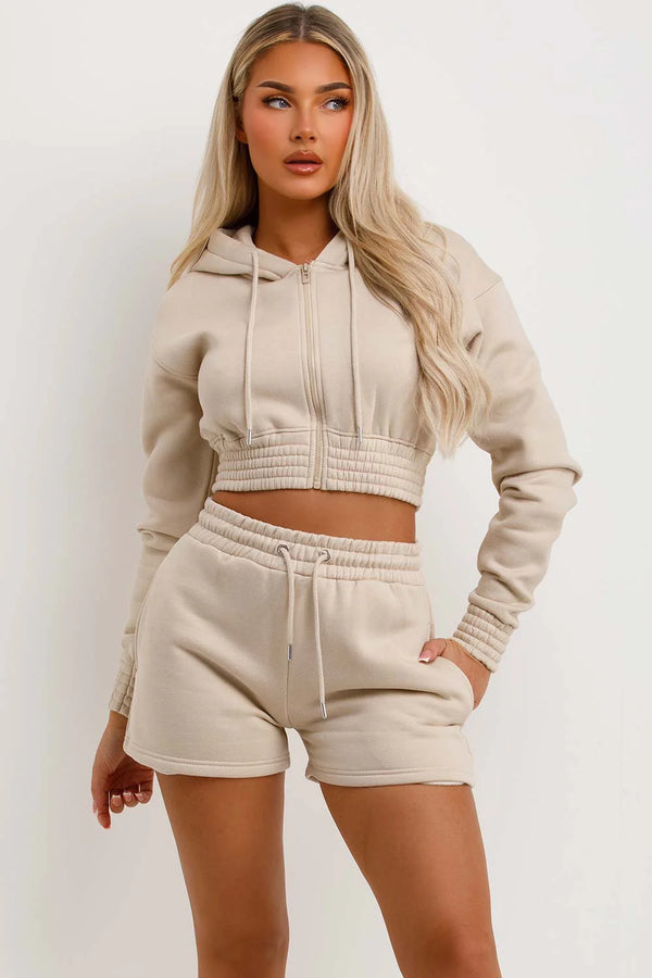 Oatmeal Crop Zip Hoodie And Shorts Tracksuit Set