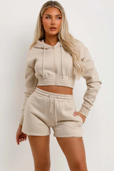 Oatmeal Crop Zip Hoodie And Shorts Tracksuit Set