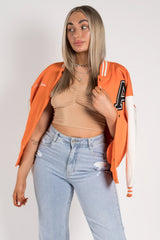 Orange Contrast Sleeve Letter A Varsity Jacket