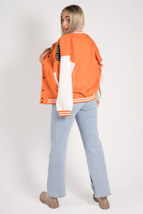 Orange Contrast Sleeve Letter A Varsity Jacket