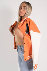 Orange Contrast Sleeve Letter A Varsity Jacket