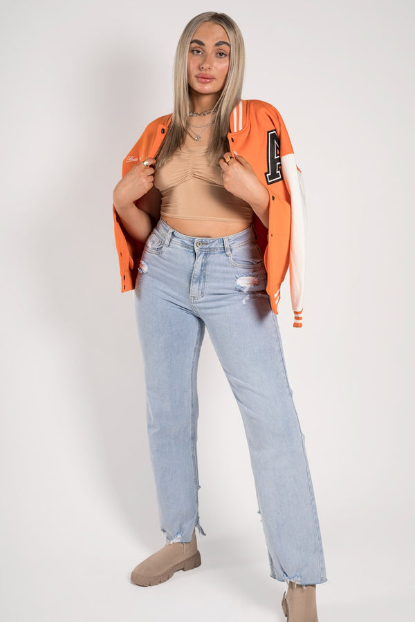 Orange Contrast Sleeve Letter A Varsity Jacket