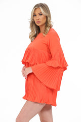 Orange Pleated Ruffle Mini Dress
