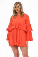 Orange Pleated Ruffle Mini Dress