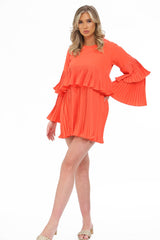 Orange Pleated Ruffle Mini Dress