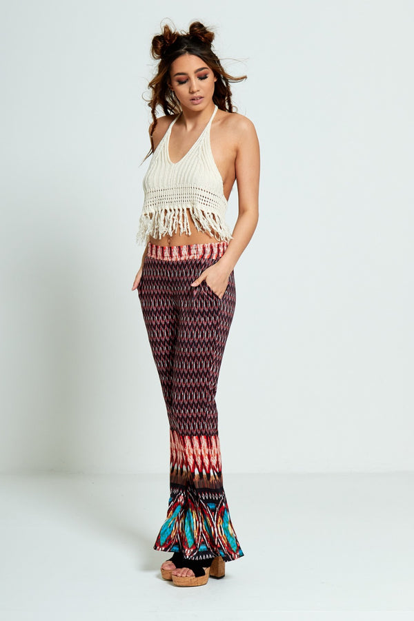 Orange Printed Flare Leg Trousers