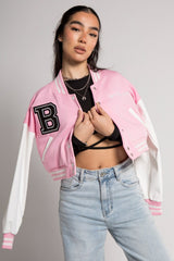 Pink Cropped Contrast Sleeve Varsity Jacket