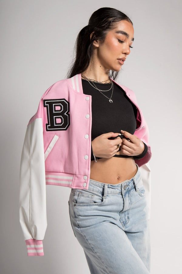 Pink Cropped Contrast Sleeve Varsity Jacket