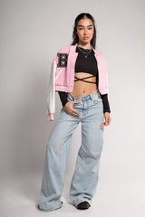Pink Cropped Contrast Sleeve Varsity Jacket