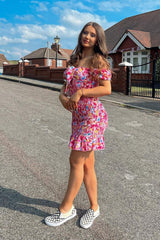 Pink Ditsy Floral Knot Front Shirred Dress 