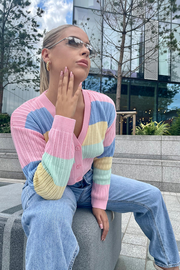 Pink Rainbow Pointelle Button Cardigan