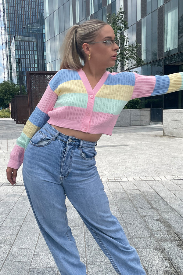 Pink Rainbow Pointelle Button Cardigan