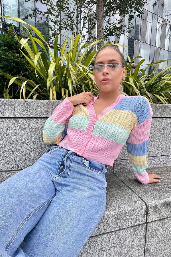 Pink Rainbow Pointelle Button Cardigan