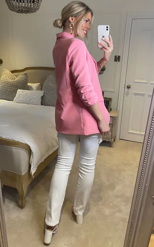 Pink Ruched Sleeve Blazer 