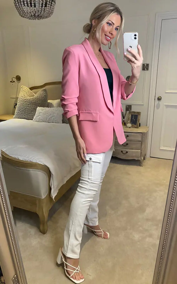 Pink Ruched Sleeve Blazer 