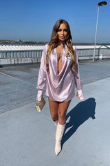 Pink Satin Low Plunge Cowl Neck Dress