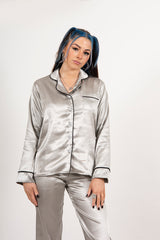 Grey Piping Detail Long Sleeve Satin Pyjama Set
