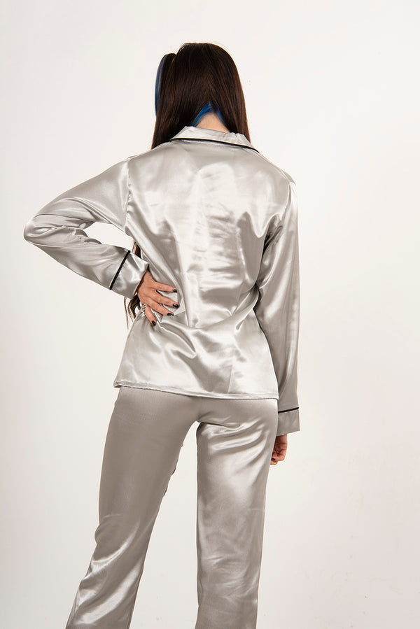 Grey Piping Detail Long Sleeve Satin Pyjama Set
