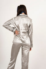 Grey Piping Detail Long Sleeve Satin Pyjama Set