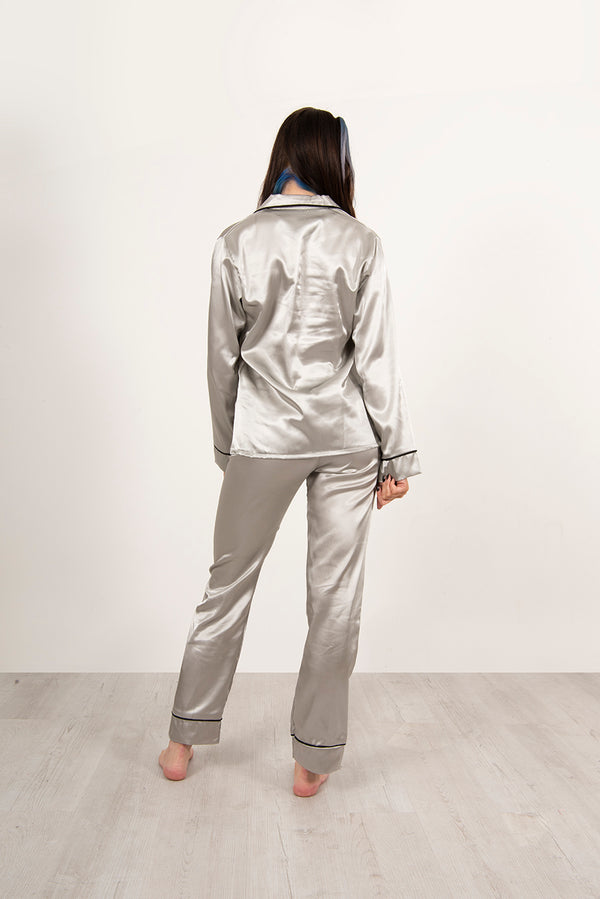 Grey Piping Detail Long Sleeve Satin Pyjama Set