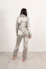 Grey Piping Detail Long Sleeve Satin Pyjama Set