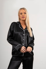 Black Piping Detail Long Sleeve Satin Pyjama Set