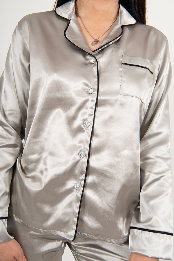 Grey Piping Detail Long Sleeve Satin Pyjama Set