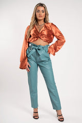 Sage Pu Paperbag Waist Tapered Trouser