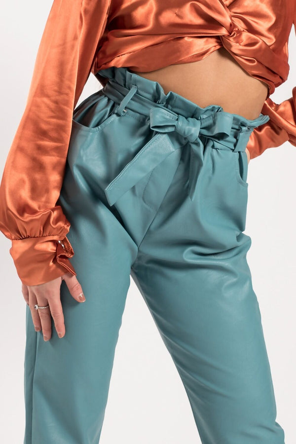 Sage Pu Paperbag Waist Tapered Trouser