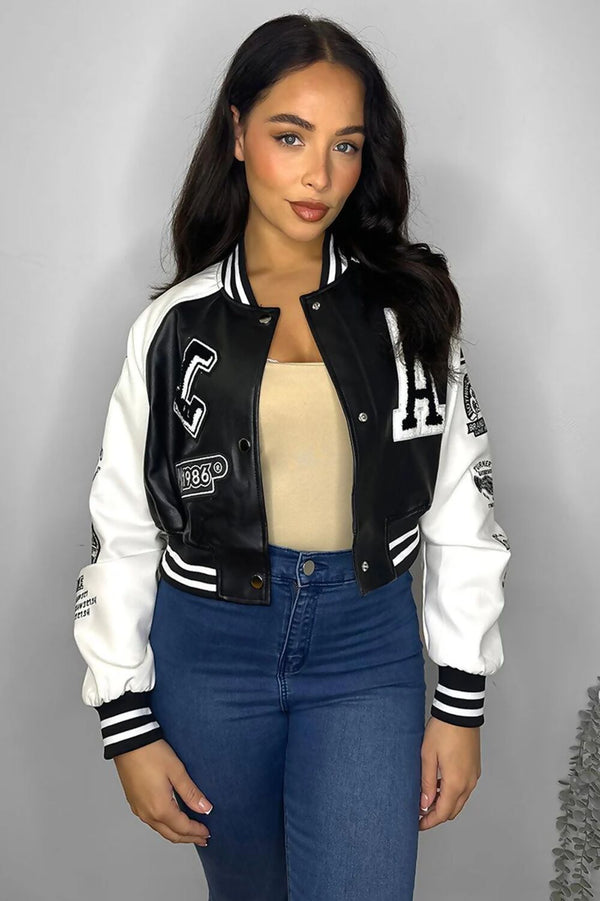 Black Womens Faux Leather Cropped Contrast Graphic Bomber Jacket
