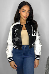 Black Womens Faux Leather Cropped Contrast Graphic Bomber Jacket