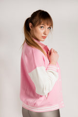 Pink Contrast Sleeve Letter A Varsity Jacket