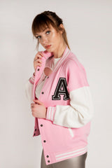Pink Contrast Sleeve Letter A Varsity Jacket
