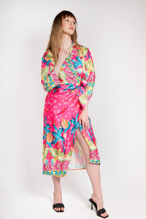 Pink Floral Satin Wrap Midi Dress