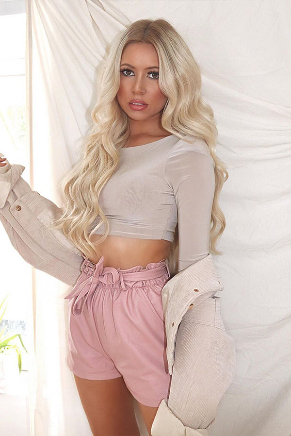 Pink High Rise Ruffle Hem Pu Shorts