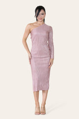 Pink Plisse Pleated One Shoulder Midi Dress