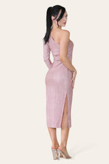 Pink Plisse Pleated One Shoulder Midi Dress