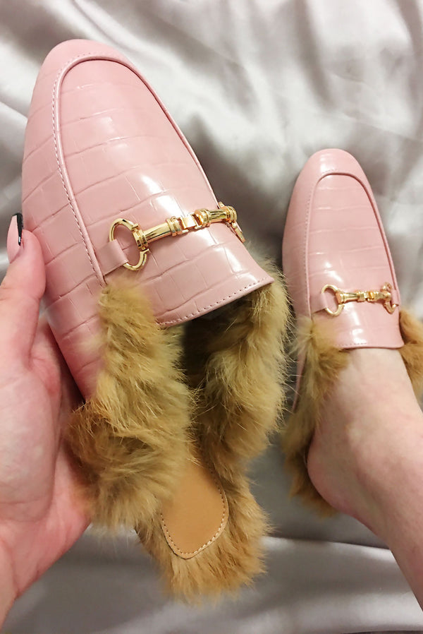 Baby Pink Faux Fur Lined Croc Mules