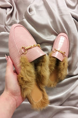 Baby Pink Faux Fur Lined Croc Mules