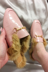 Baby Pink Faux Fur Lined Croc Mules