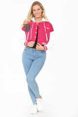 Hot Pink Hooded Contrast Sleeve Letter A Varsity Jacket