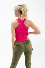 Hot Pink Cross Front Halterneck Knitted Top 