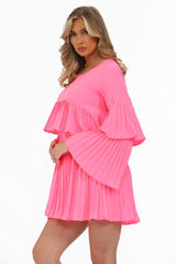 Neon Pink Pleated Ruffle Mini Dress