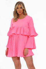 Neon Pink Pleated Ruffle Mini Dress