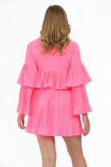 Neon Pink Pleated Ruffle Mini Dress